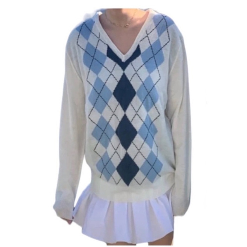 New York & Company Sweater Weaverly V-Neck Argyle Style Sweater Size S